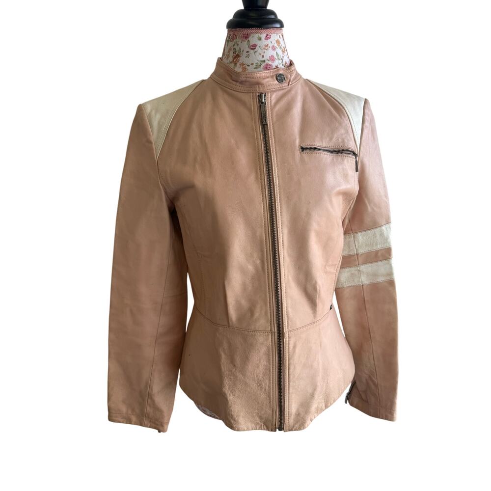 VINTAGE LEATHER MOTO JACKET medium long sleeve pink and white Rivet